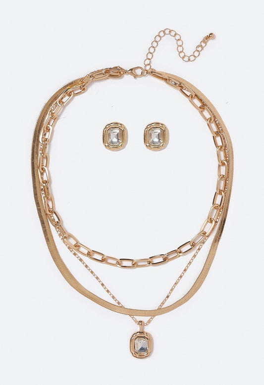 Avery Clean Crystal Drop Layered Necklace Set Crystal/Gold