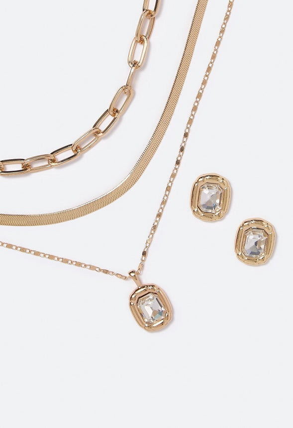 Avery Clean Crystal Drop Layered Necklace Set Crystal/Gold