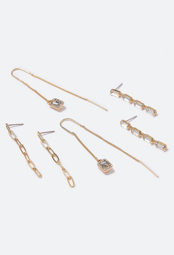 Ella Crystal and Chain Strand Earrings Multipack Crystal/Gold