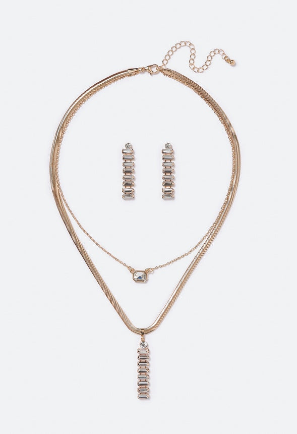 Amalia Baguette Stone Layered Necklace Set  Clear/Gold