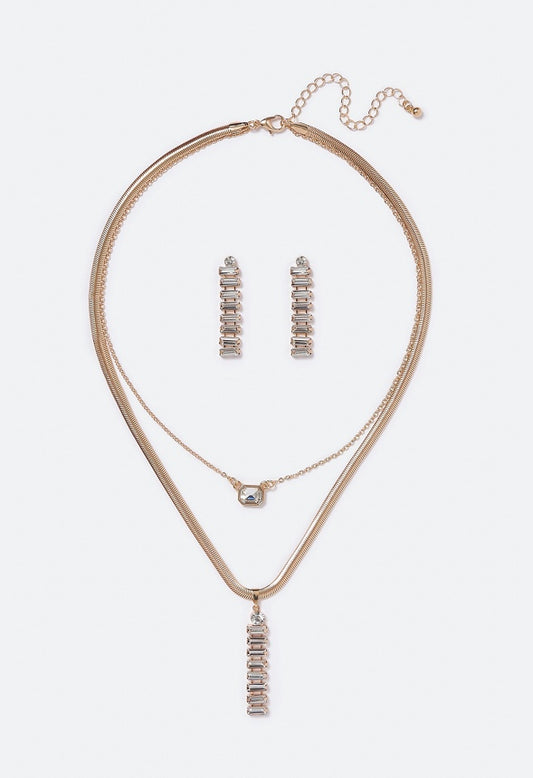 Amalia Baguette Stone Layered Necklace Set  Clear/Gold