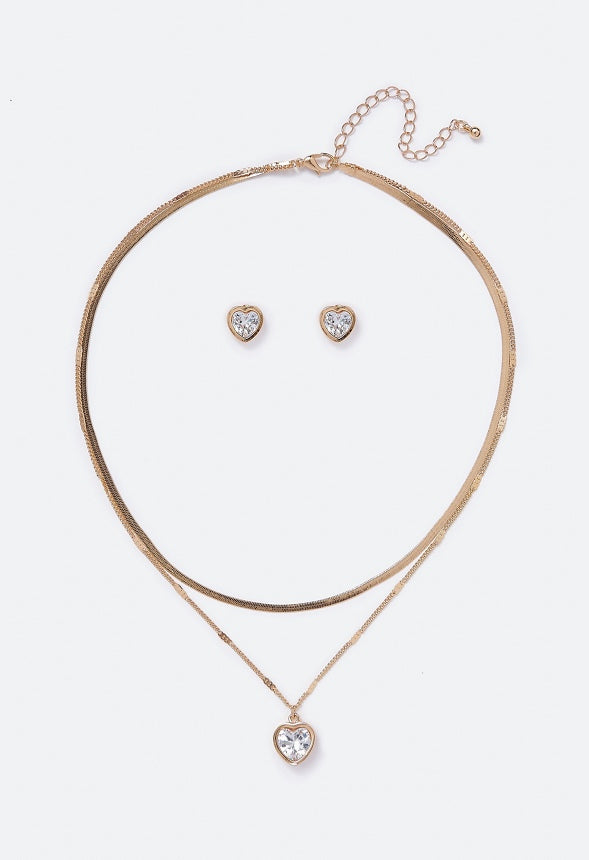 Ryan Cubic Zirconia Heart Stud and Necklace Set Crystal/Gold