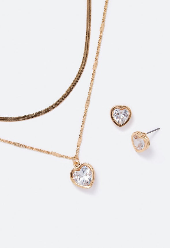 Ryan Cubic Zirconia Heart Stud and Necklace Set Crystal/Gold
