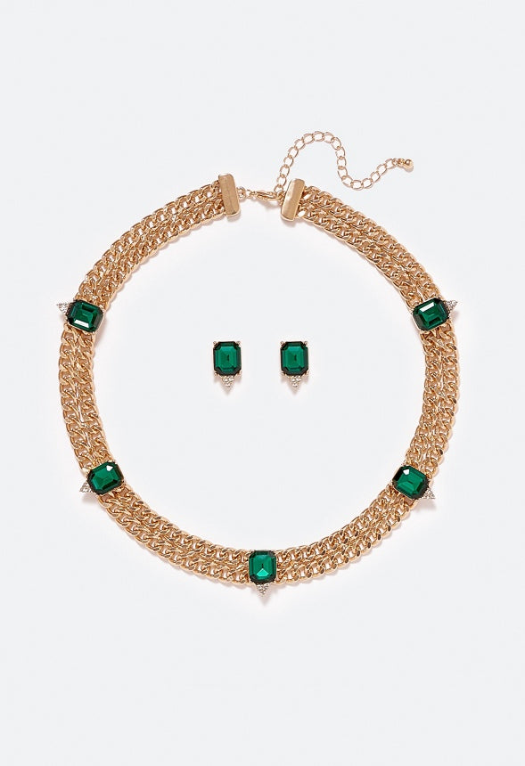 Eliza Emerald Stone Necklace & Stud Earrings Set Emerald/ Gold
