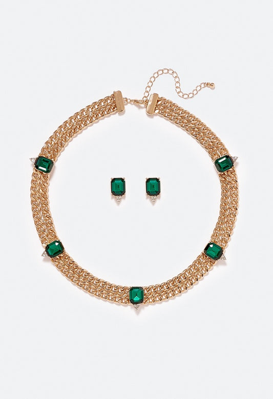 Eliza Emerald Stone Necklace & Stud Earrings Set Emerald/ Gold
