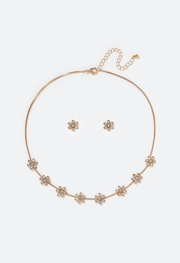 Mara Glass Rhinestones Flower Stud Earrings & Necklace Set Crystal/ Gold