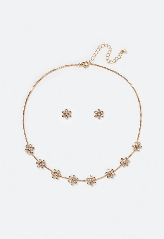 Mara Glass Rhinestones Flower Stud Earrings & Necklace Set Crystal/ Gold