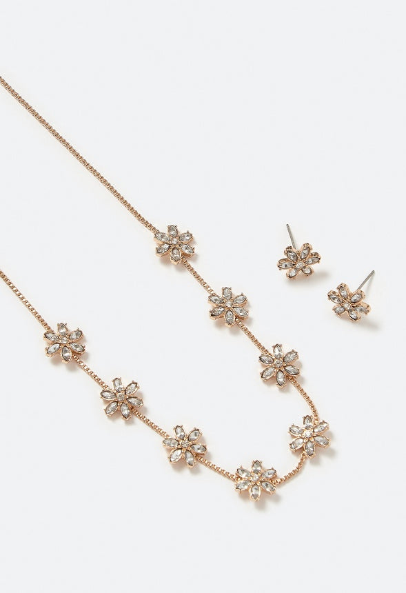 Mara Glass Rhinestones Flower Stud Earrings & Necklace Set Crystal/ Gold
