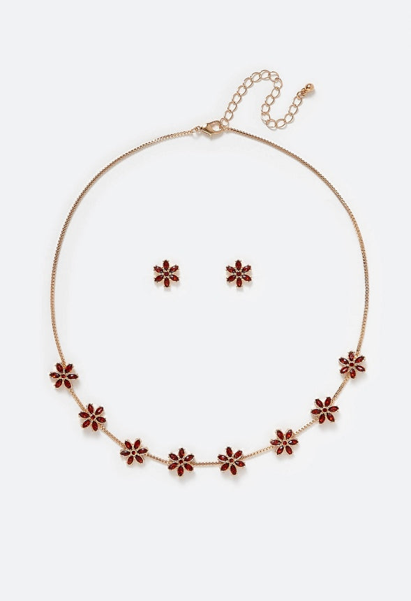 Mara Glass Rhinestones Flower Stud Earrings & Necklace Set Red/ Gold