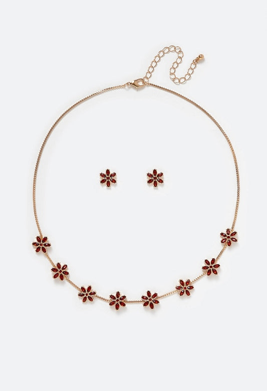 Mara Glass Rhinestones Flower Stud Earrings & Necklace Set Red/ Gold