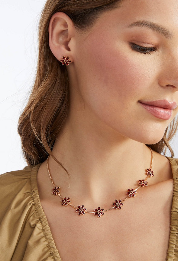 Mara Glass Rhinestones Flower Stud Earrings & Necklace Set Red/ Gold