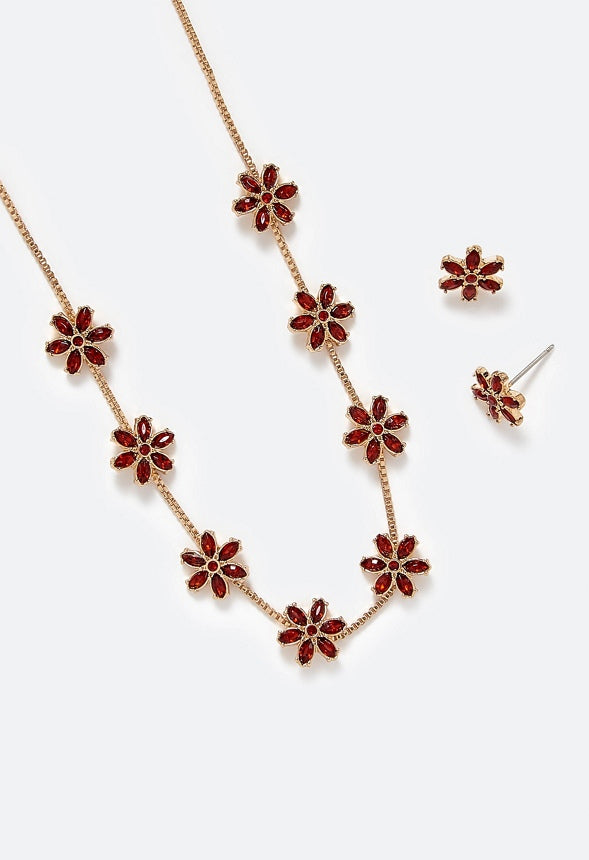 Mara Glass Rhinestones Flower Stud Earrings & Necklace Set Red/ Gold