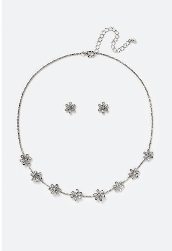 Mara Glass Rhinestones Flower Stud Earrings & Necklace Set Crystal/ Silver