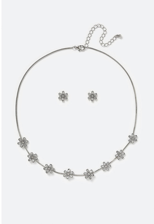 Mara Glass Rhinestones Flower Stud Earrings & Necklace Set Crystal/ Silver