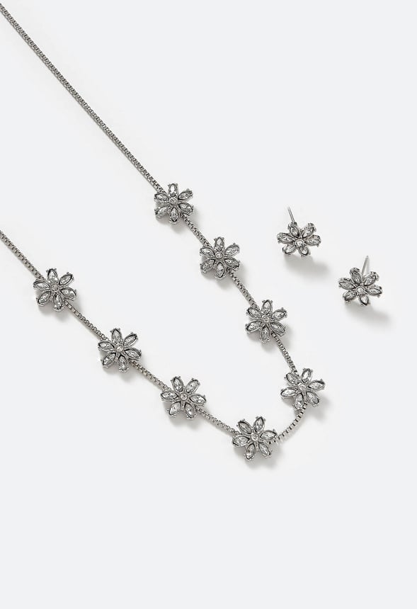 Mara Glass Rhinestones Flower Stud Earrings & Necklace Set Crystal/ Silver