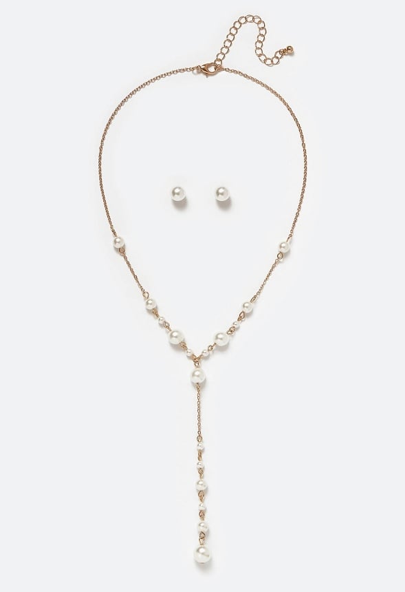 Wen Glass Pearl Stud Earrings And Y-Necklace Set Cream/ Gold