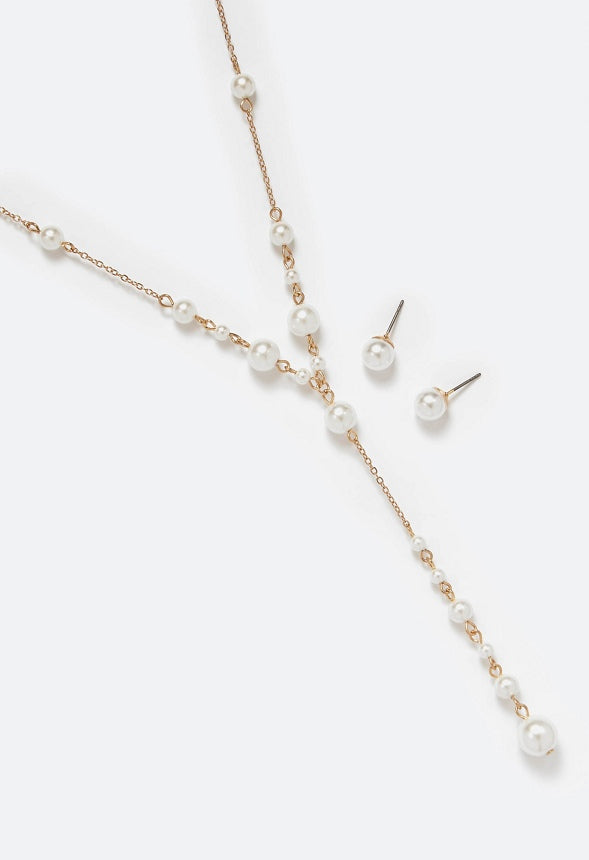 Wen Glass Pearl Stud Earrings And Y-Necklace Set Cream/ Gold