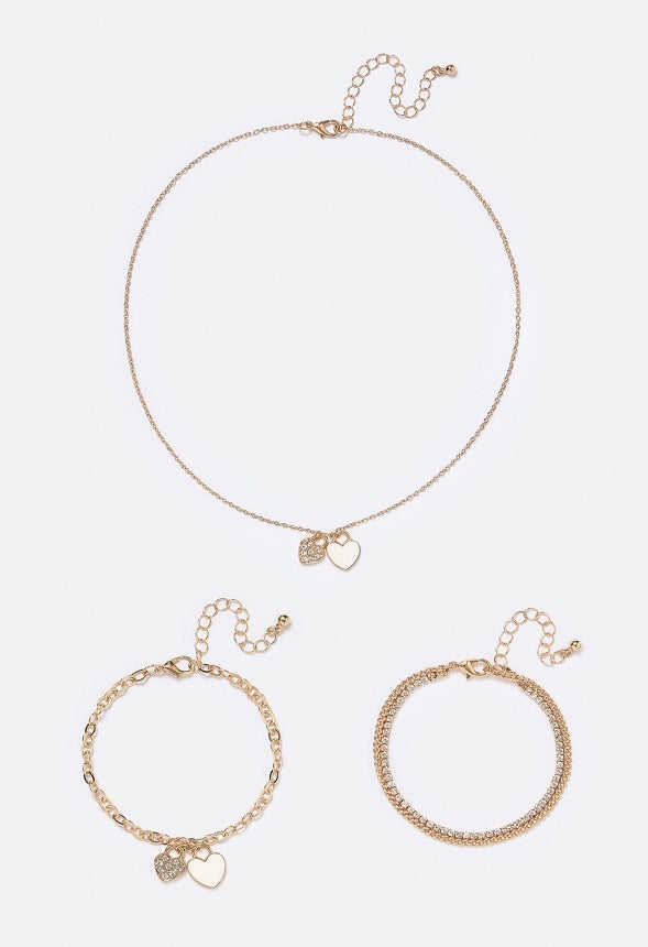 Hava Enamel Heart Necklace And Bracelet Set Cream/ Gold