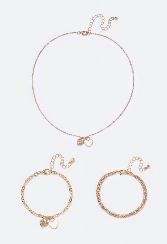 Hava Enamel Heart Necklace And Bracelet Set Cream/ Gold