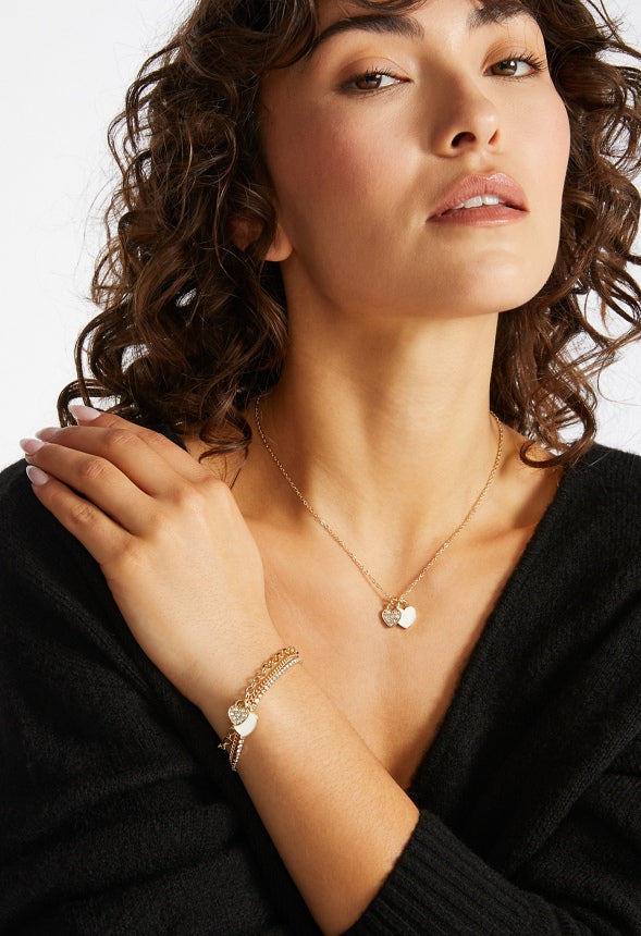 Hava Enamel Heart Necklace And Bracelet Set Cream/ Gold