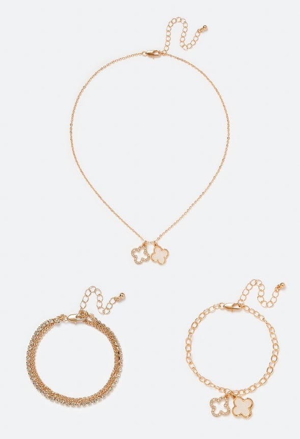 Ela Double Clover Necklace And 2-Row Bracelet Set Cream/ Crystal/ Gold