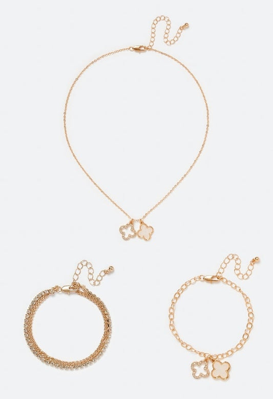 Ela Double Clover Necklace And 2-Row Bracelet Set Cream/ Crystal/ Gold