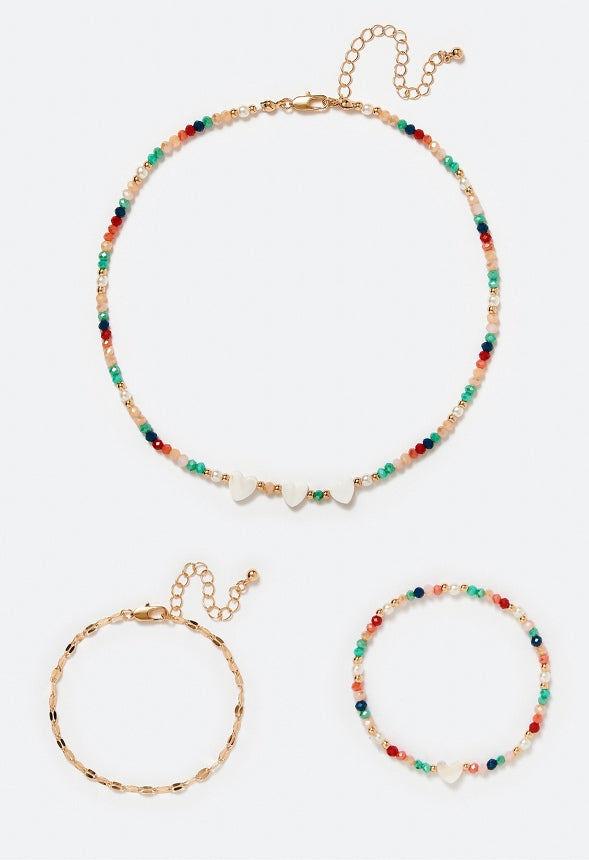Ida Faceted Glass Beads Necklace And Bracelet Set Coral/ Turquoise/ Cream Mix