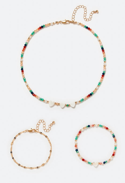 Ida Faceted Glass Beads Necklace And Bracelet Set Coral/ Turquoise/ Cream Mix