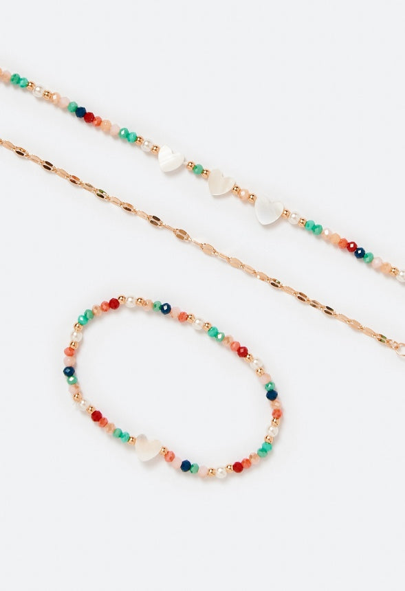 Ida Faceted Glass Beads Necklace And Bracelet Set Coral/ Turquoise/ Cream Mix