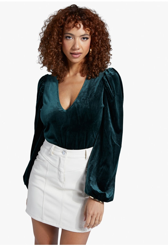 PUFF SLEEVE VELVET BODYSUIT Hunter Green