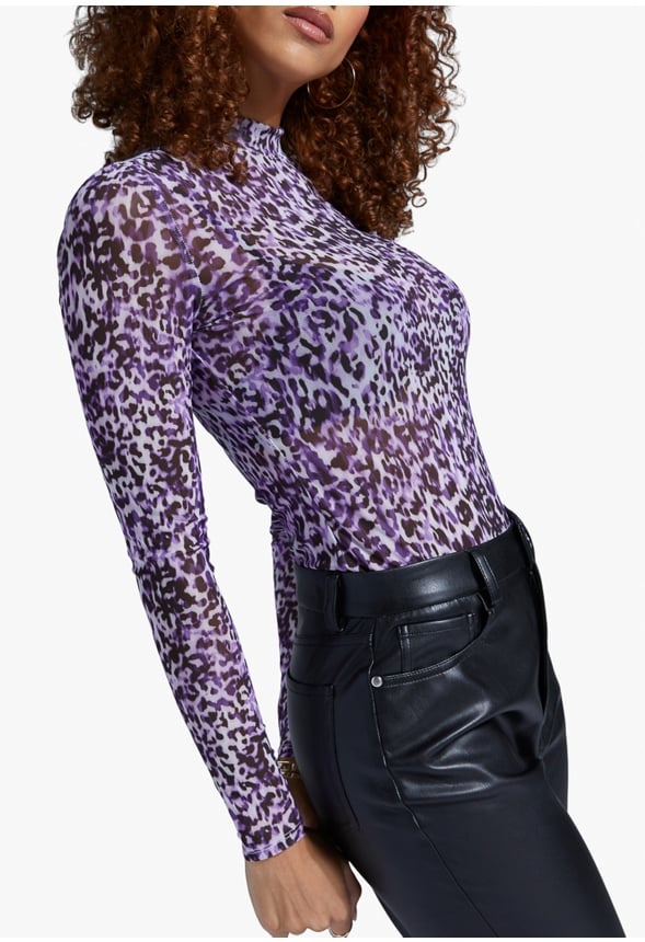 PRINTED MESH MOCK NECK BODYSUIT Parachute Purple Multi -  Leopard