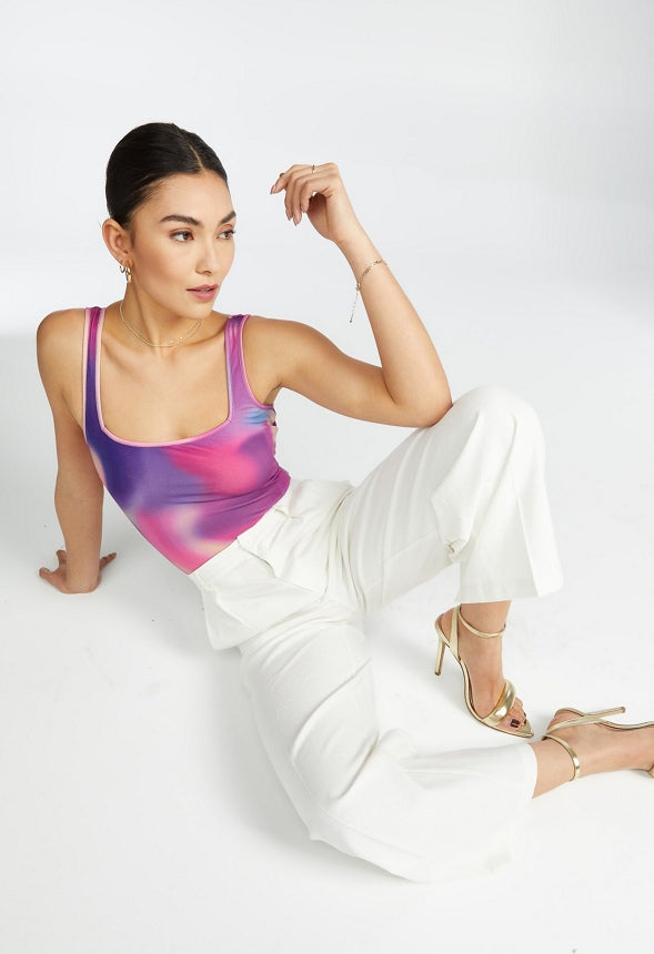 Square Neck Rib Bodysuit Camellia Rose Multi