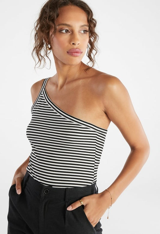 One Shoulder Stripe Rib Top Caviar/Marshmallow Stripe