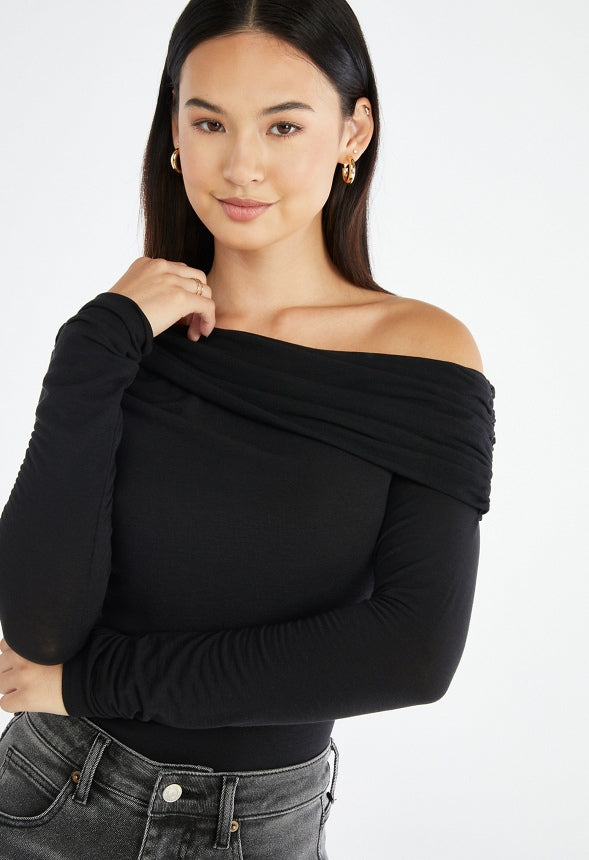 Long Sleeve Off The Shoulder Top Black Caviar