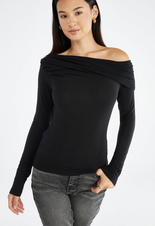 Long Sleeve Off The Shoulder Top Black Caviar