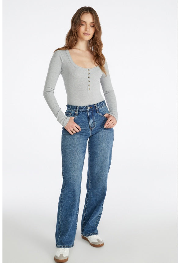Scoop Neck Henley Bodysuit Heather Grey