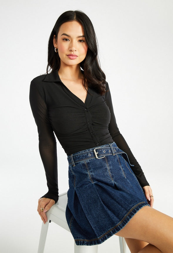 Ruched Button Front Top Black Caviar
