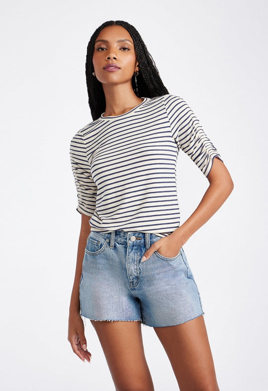 Ruched Elbow Sleeve Tee Marshmallow/ Blue Stripe