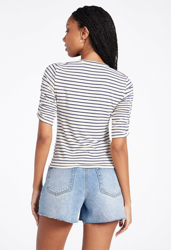 Ruched Elbow Sleeve Tee Marshmallow/ Blue Stripe