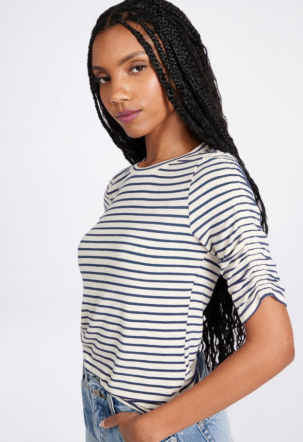 Ruched Elbow Sleeve Tee Marshmallow/ Blue Stripe