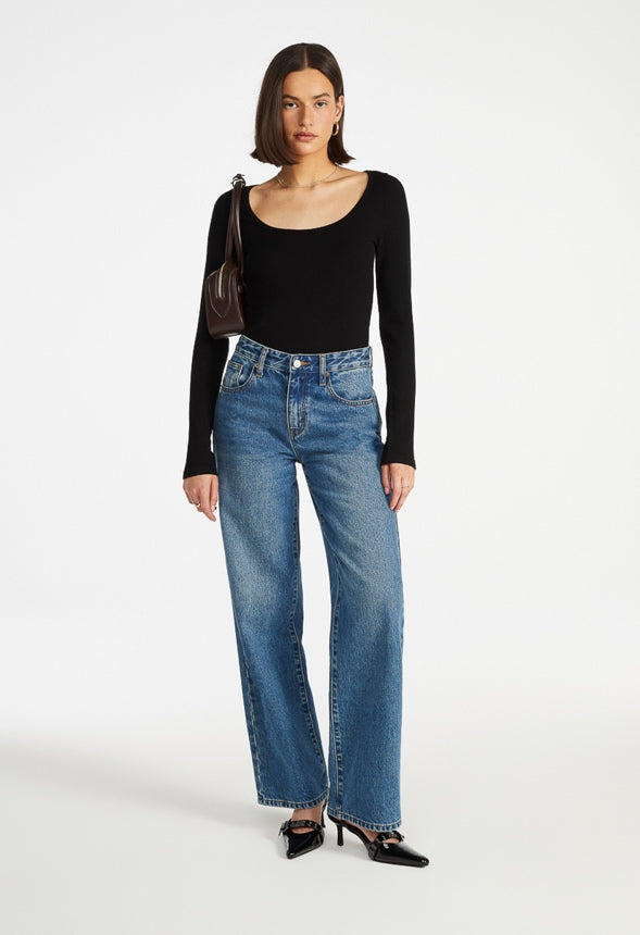 Seamless Long Sleeve Ribbed Bodysuit Black Caviar