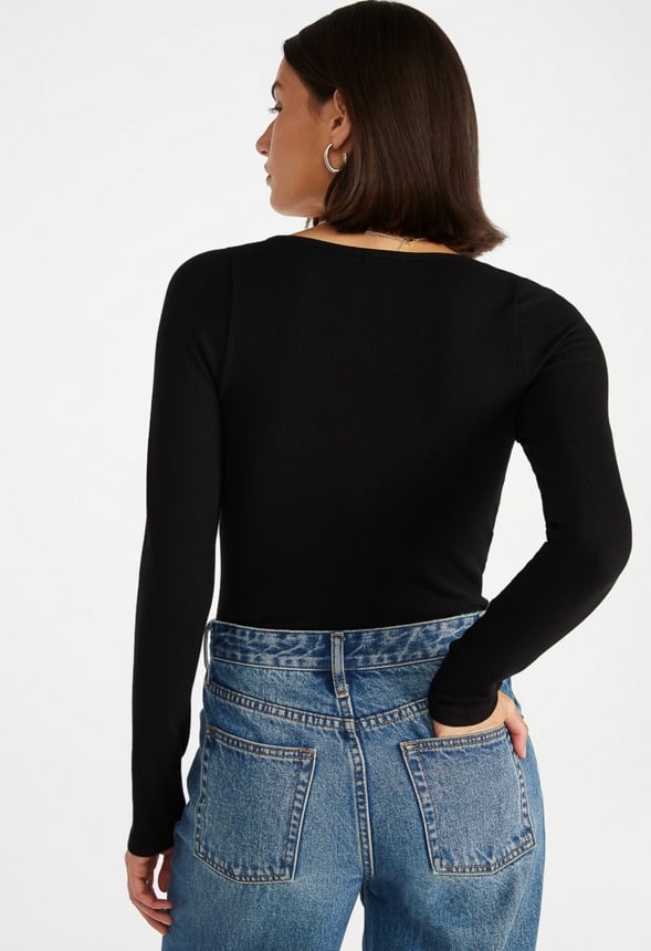 Seamless Long Sleeve Ribbed Bodysuit Black Caviar
