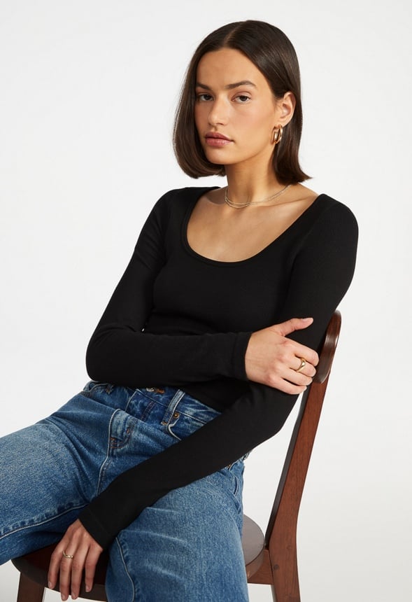 Seamless Long Sleeve Ribbed Bodysuit Black Caviar