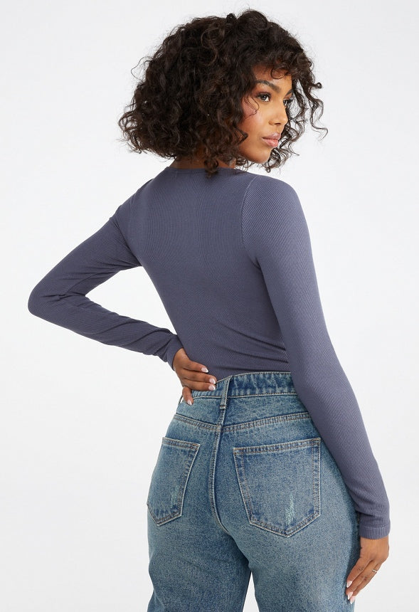 Seamless Long Sleeve Ribbed Bodysuit Ombre Blue