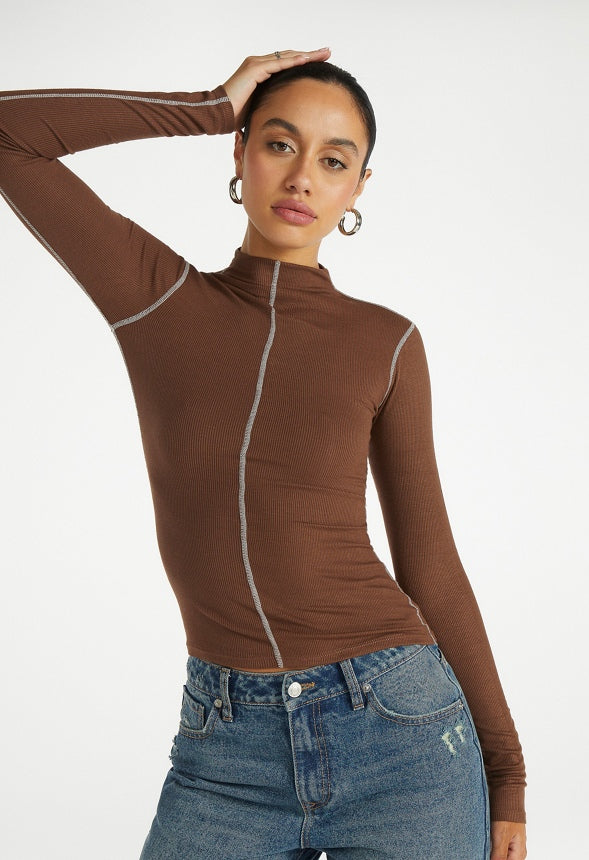 Contrast Stitch Mock Neck Top Chestnut