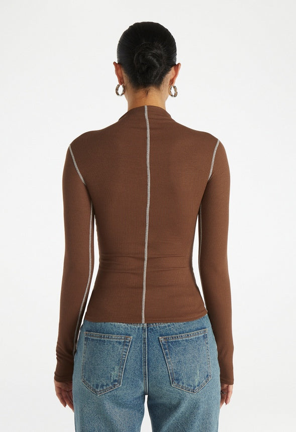 Contrast Stitch Mock Neck Top Chestnut