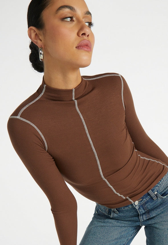 Contrast Stitch Mock Neck Top Chestnut