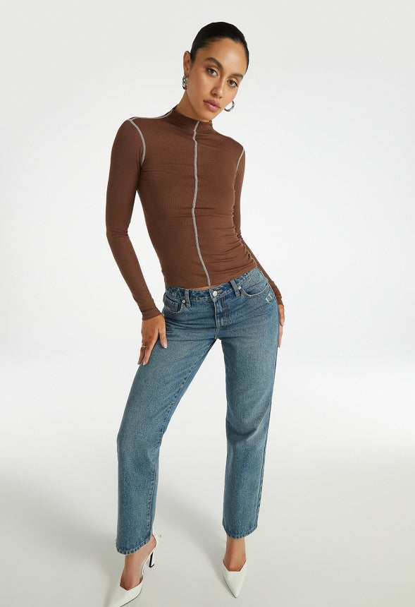 Contrast Stitch Mock Neck Top Chestnut
