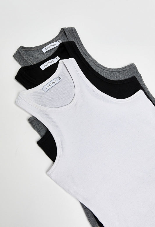 3-Pack Basic Rib Tank White/ Black Caviar/ Dark Heather Grey