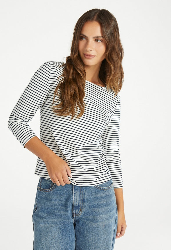 Slim Long Sleeve Boat Neck Tee White/ Navy Stripe
